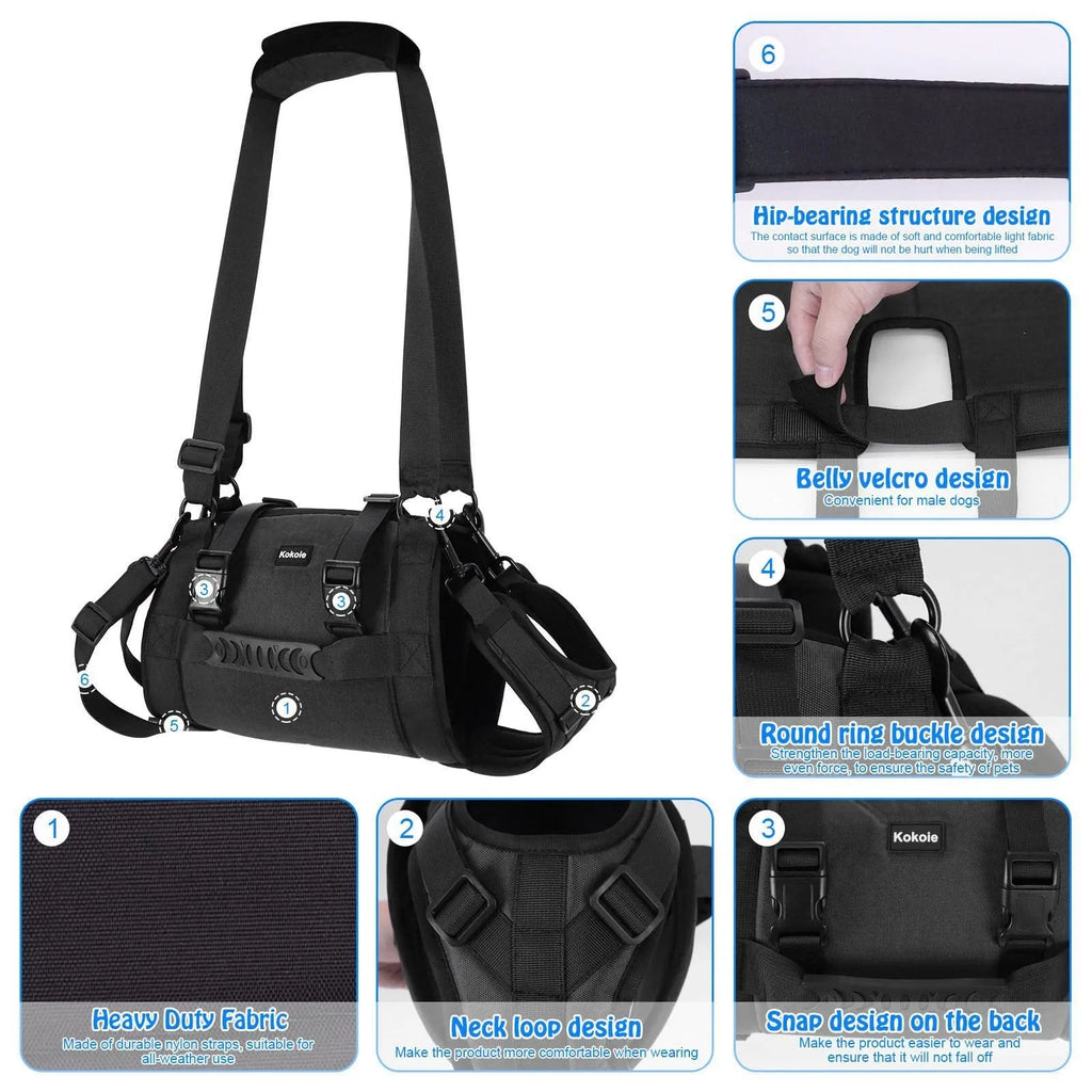 Black Oxford cloth dog harness with leg support for rehabilitation and outdoor walking