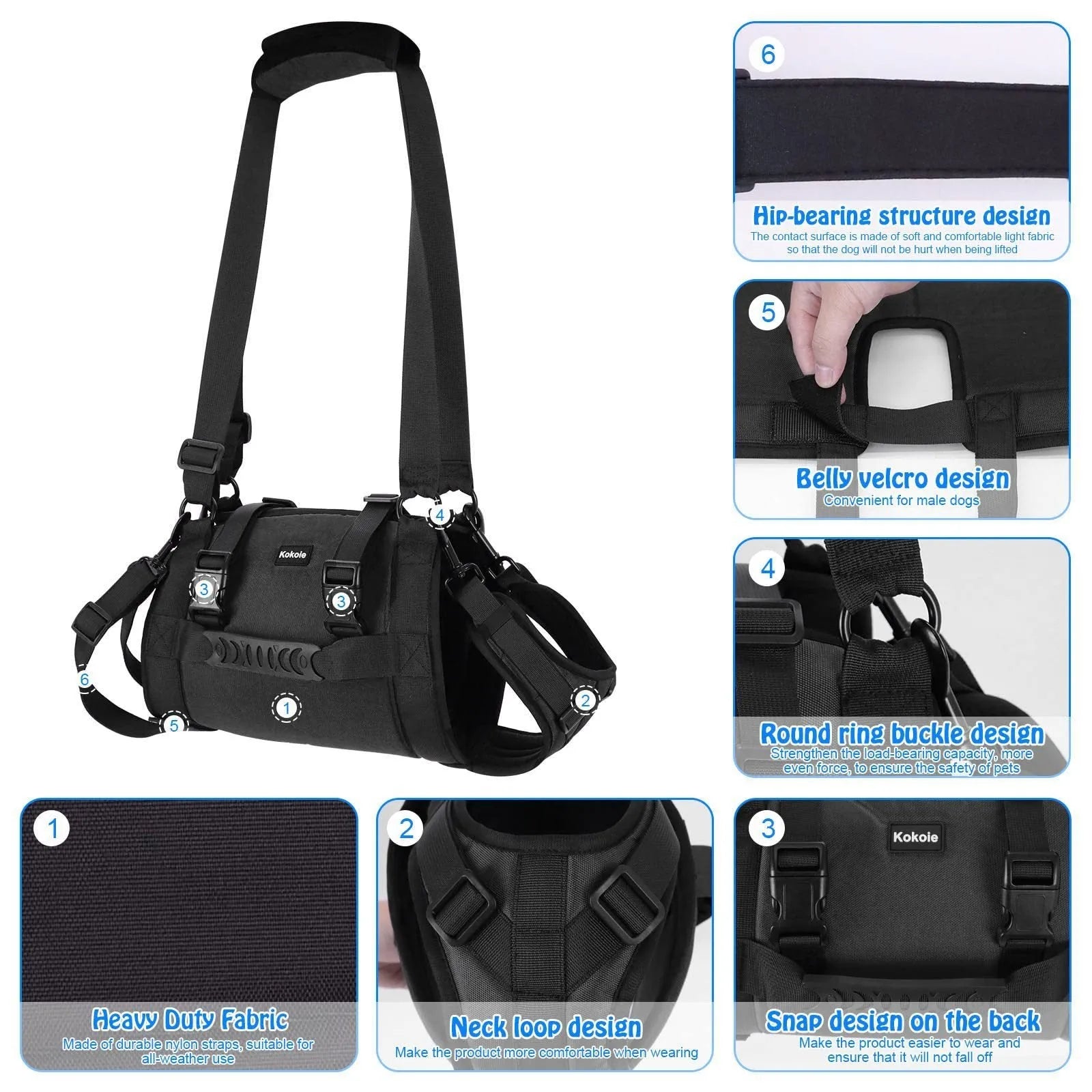 Black Oxford cloth dog harness with leg support for rehabilitation and outdoor walking