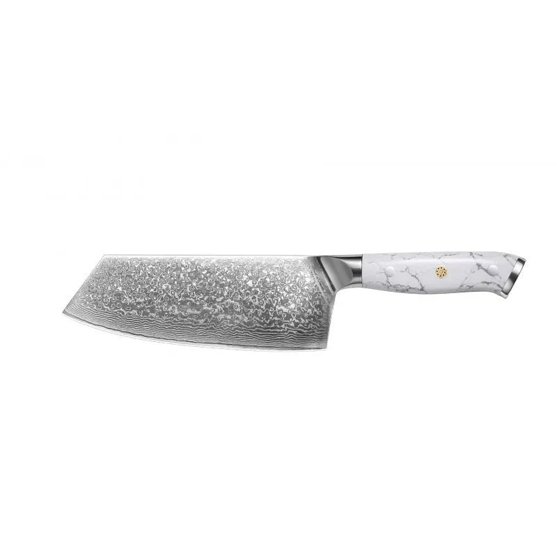 VG10 Damascus steel chef's knife with 21cm blade on a kitchen counter.