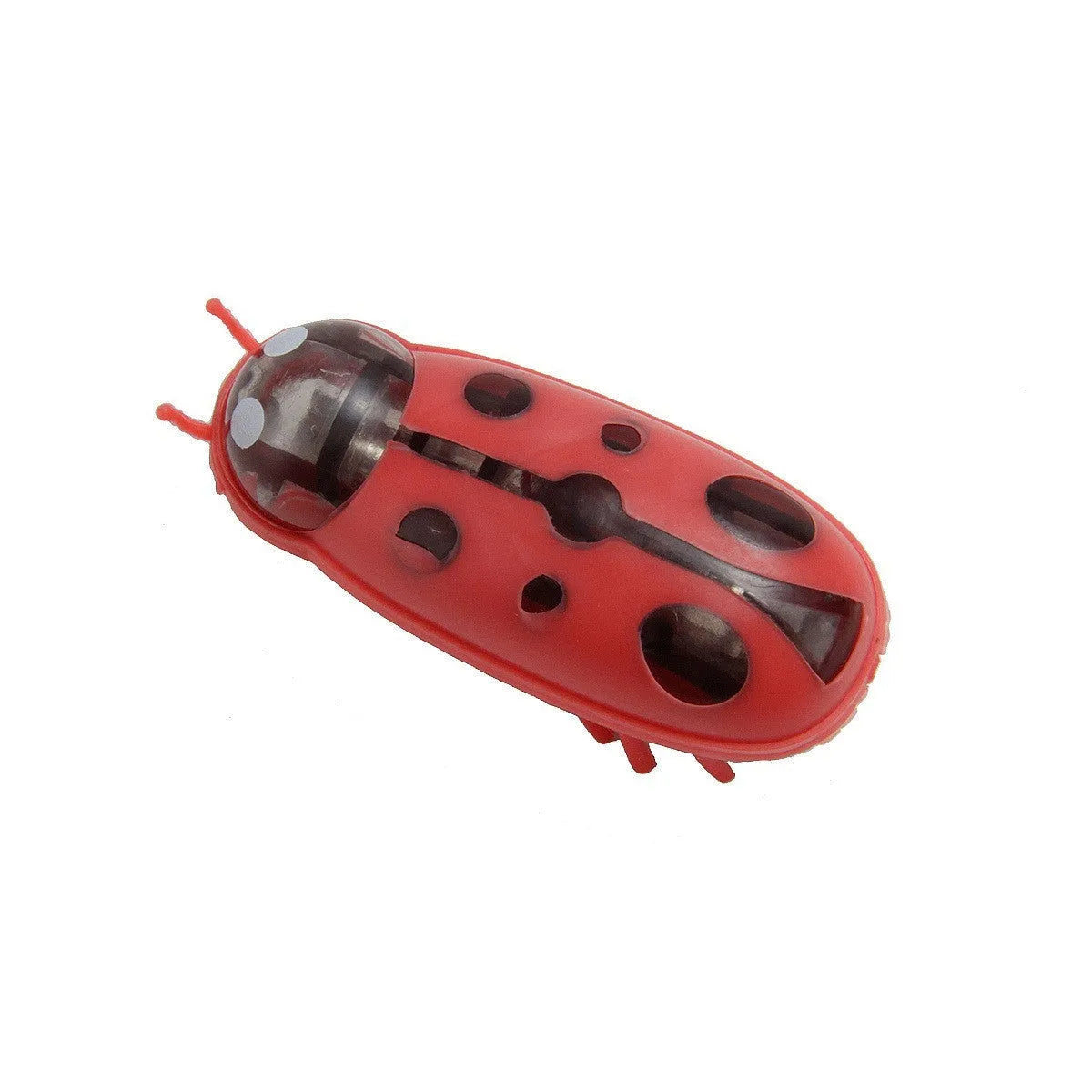 Small worm-shaped electric jumping insect cat toy in plastic, shown in red and black ladybug style.