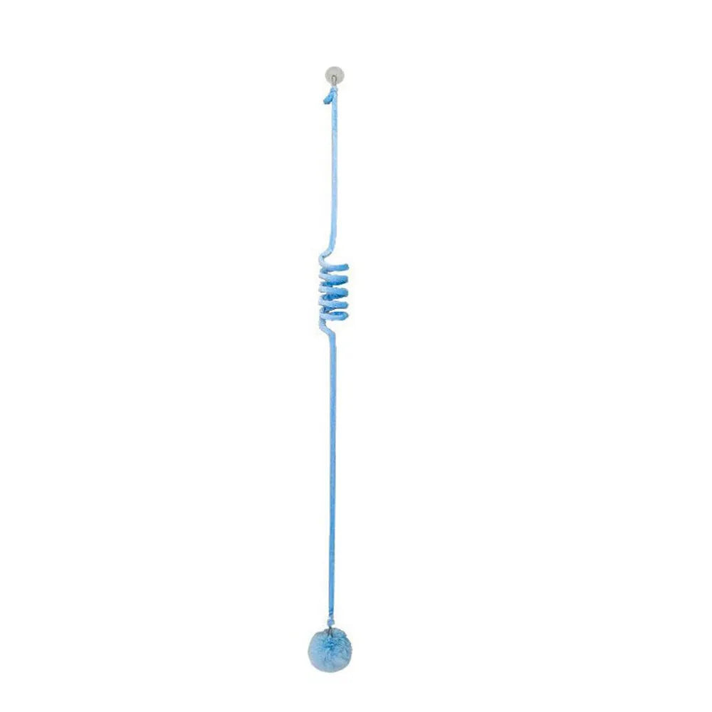 Spring cat toy with bell stick and inflatable ball hanging from door with suction cup