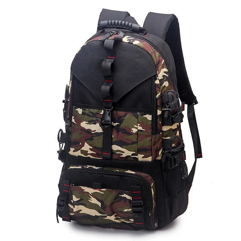 Men's waterproof Oxford cloth hiking backpack with air pillow belt system in camouflage black colour