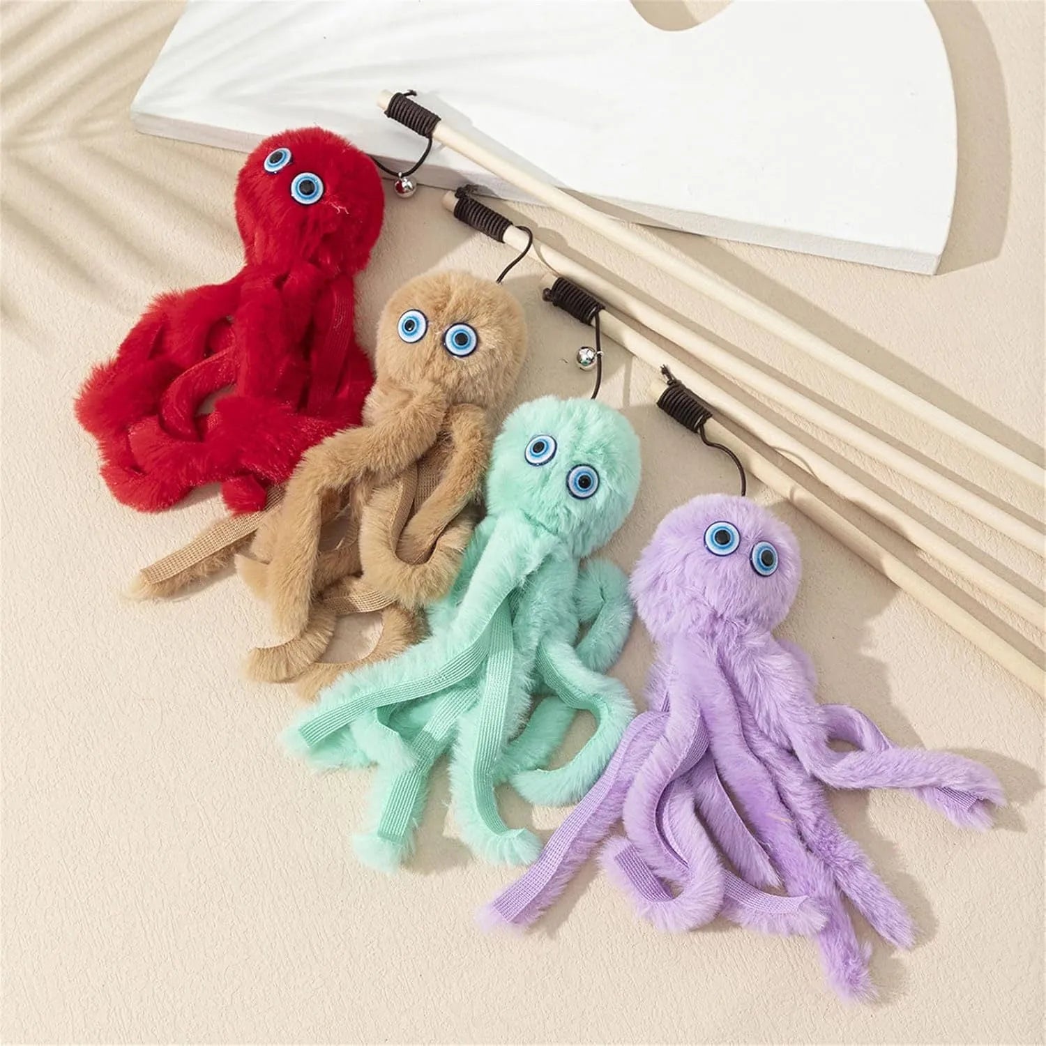 Octopus theme cat toy with long stick in bright colours for indoor kitten play