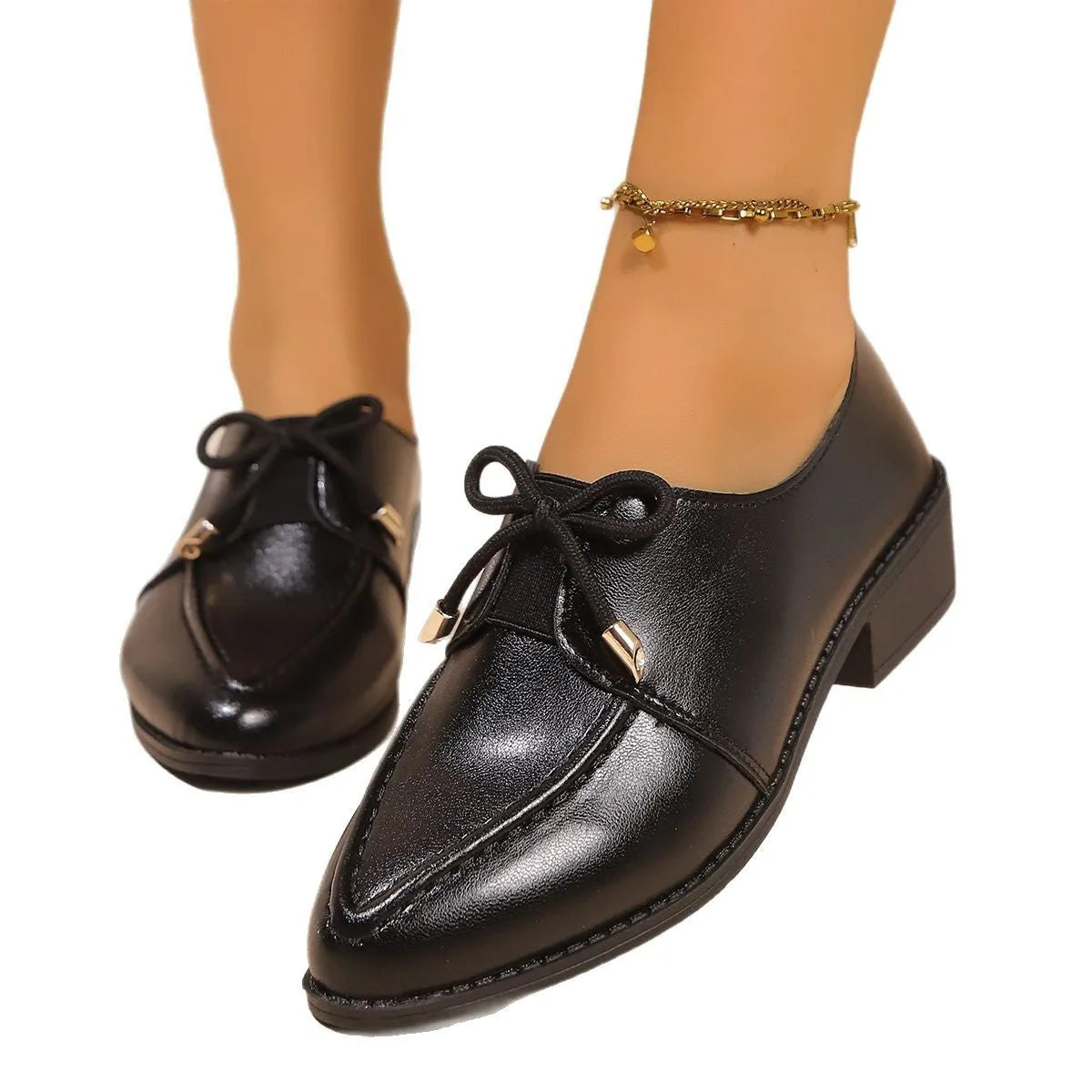 Women's British-style PU leather shoes with bow detail and rubber sole in size 36-43