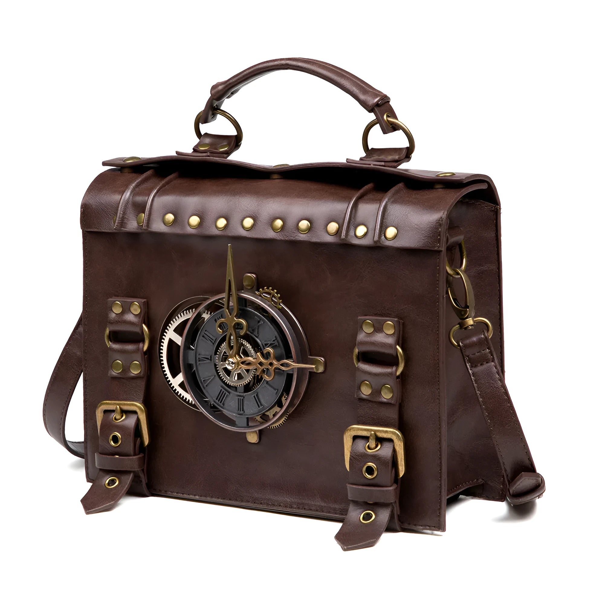 Bronze steampunk shoulder bag with industrial retro styling and horizontal square shape