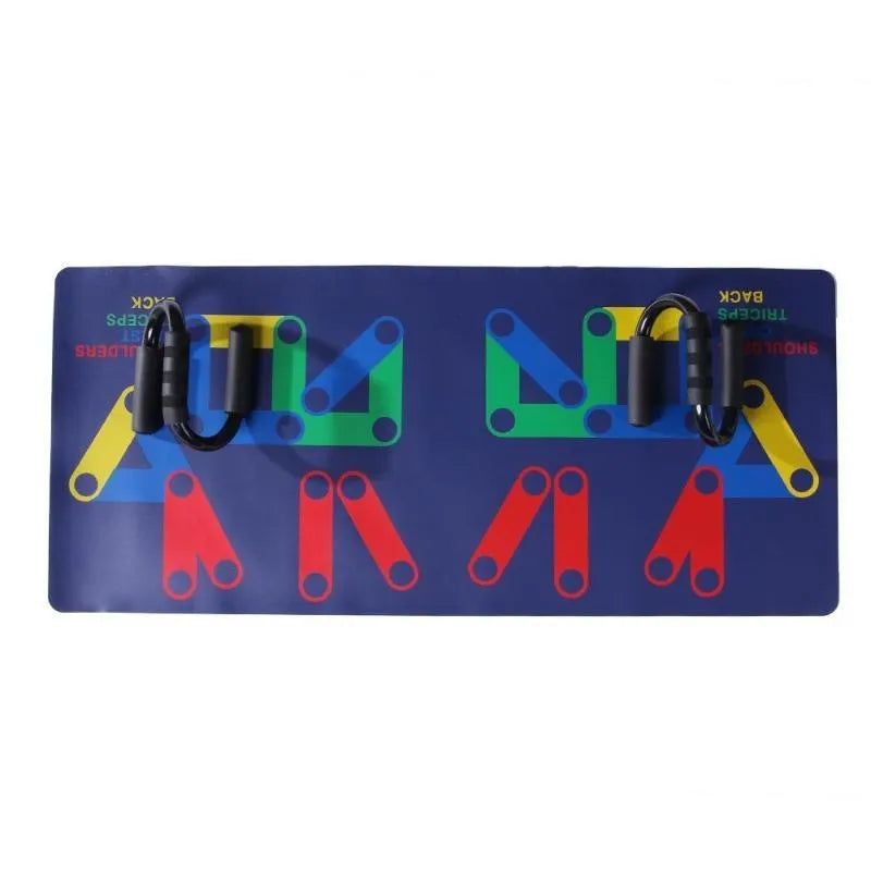 9 in 1 push up rack training board with colour-coded chest, shoulders, back, and triceps zones, leather mat, and two foam handbars