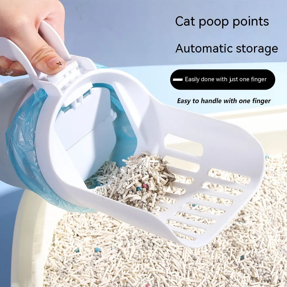 Grey self-cleaning cat litter scoop with integrated waste bin system and foldable bottom