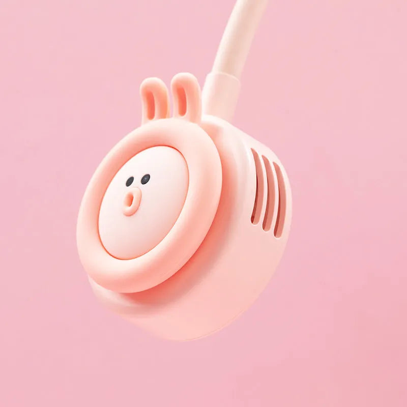 Pink and blue leafless hanging neck fan shown in folded and unfolded positions, displaying its compact size.