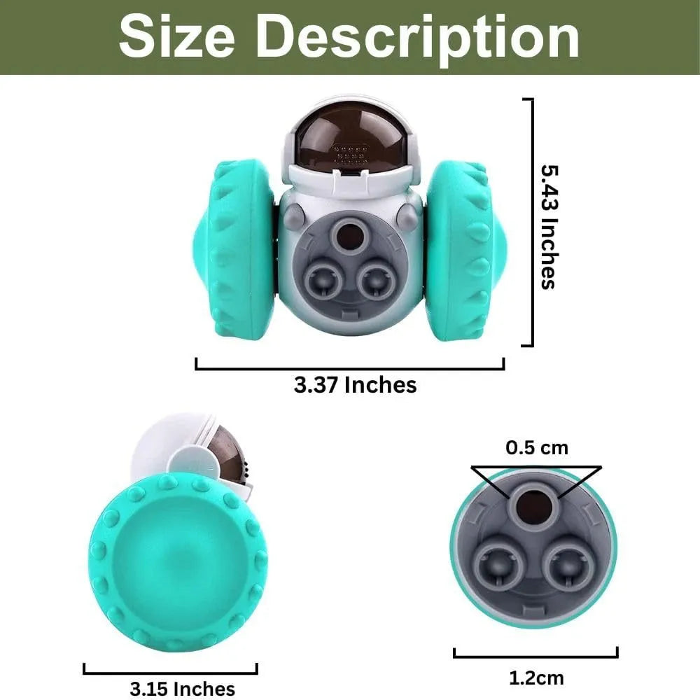 Robot-design tumbler puzzle toy for dogs and cats with roller elements and food dispensing function