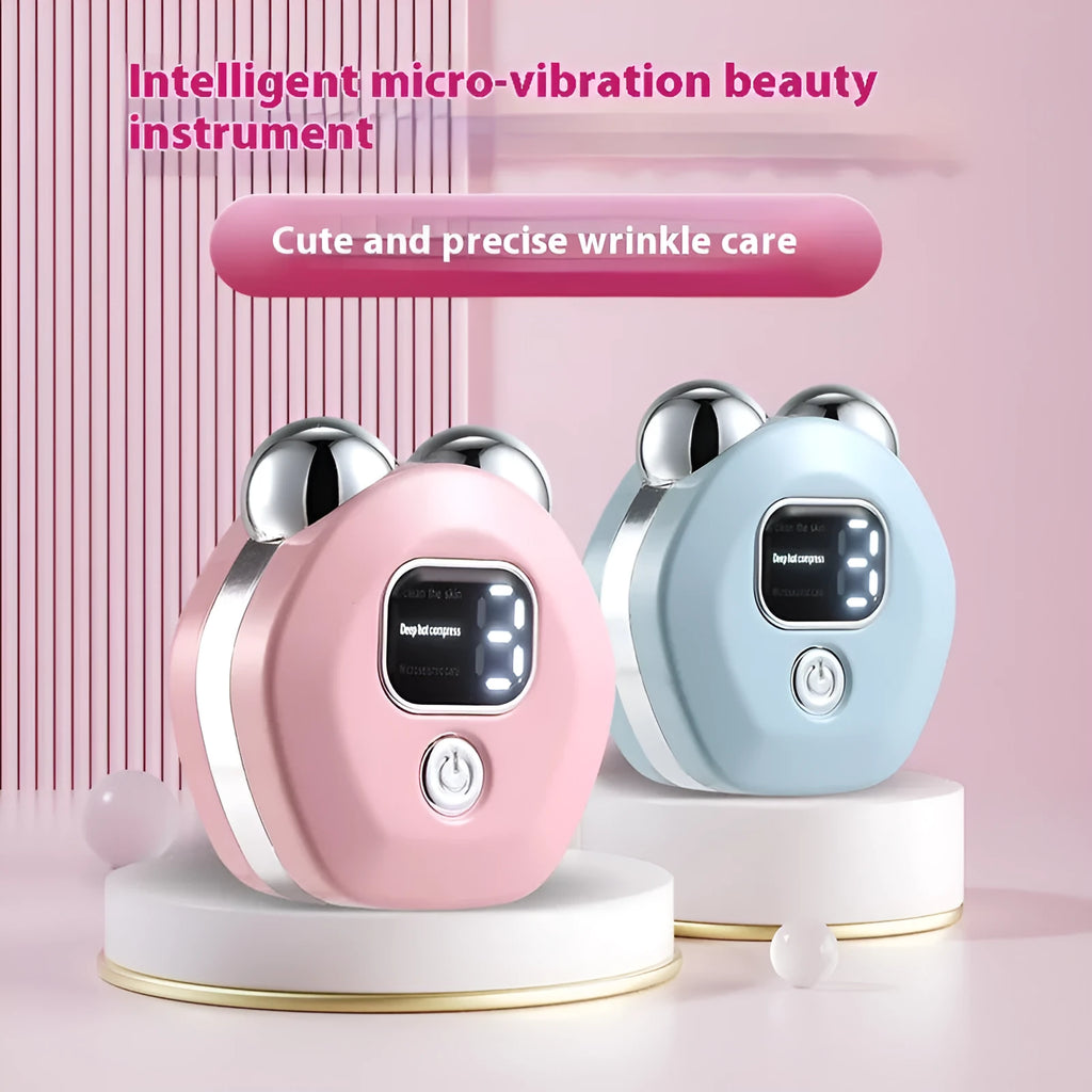 Portable micro current double-roller facial massage instrument with hot compress function in light blue