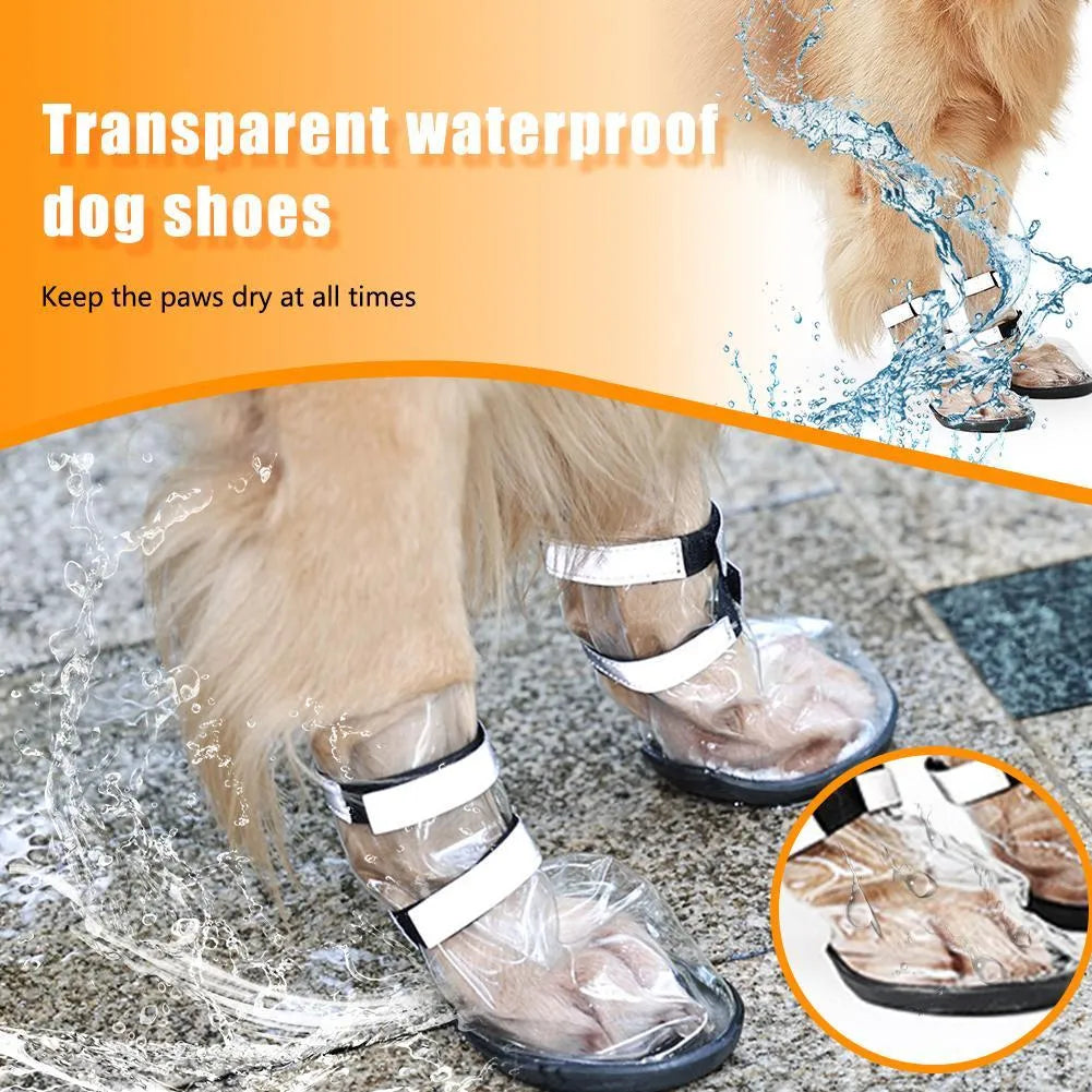 Black waterproof dog shoes with non-slip sole on a large dog outdoors