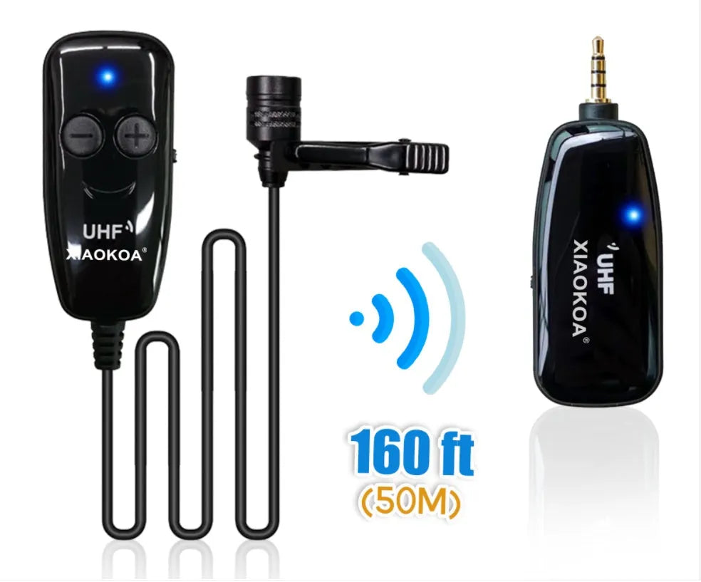 Black lavalier lapel microphone with 3.5mm plug for mobile phones on a clip.