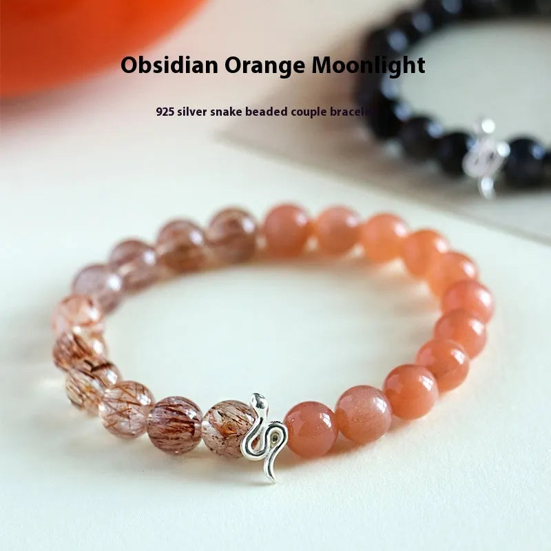 925 silver snake beaded bracelet with black hair crystal stone accents on white background