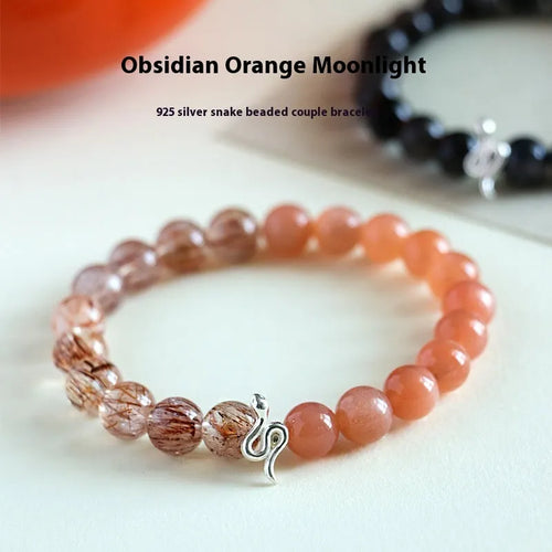 925 silver snake beaded bracelet with black hair crystal stone accents on white background