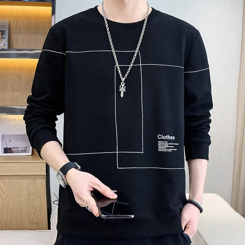Youth round neck casual autumn cotton sweater men's long sleeves Korean style in Black A