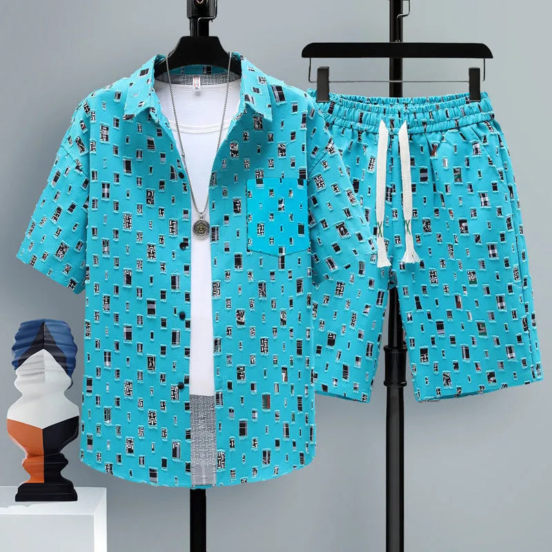 Men's grey casual short sleeve top and matching shorts two-piece set on a hanger.