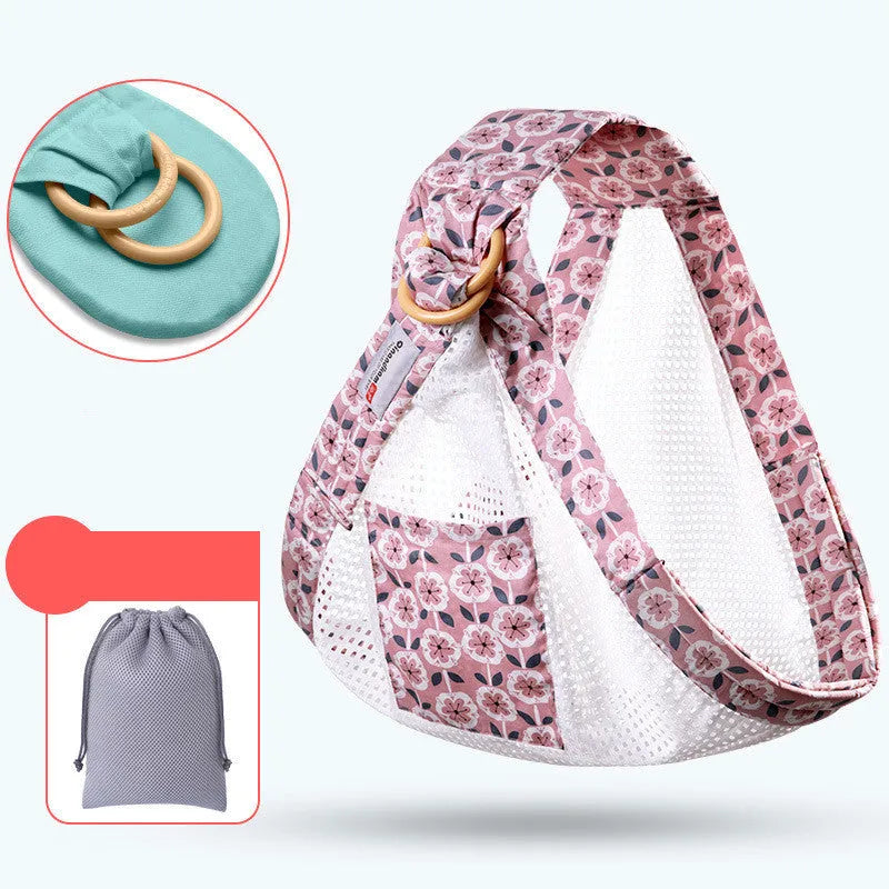 Baby wrap carrier sling in blue-green cotton mesh fabric, adjustable for newborn to 36 months, 50kg capacity