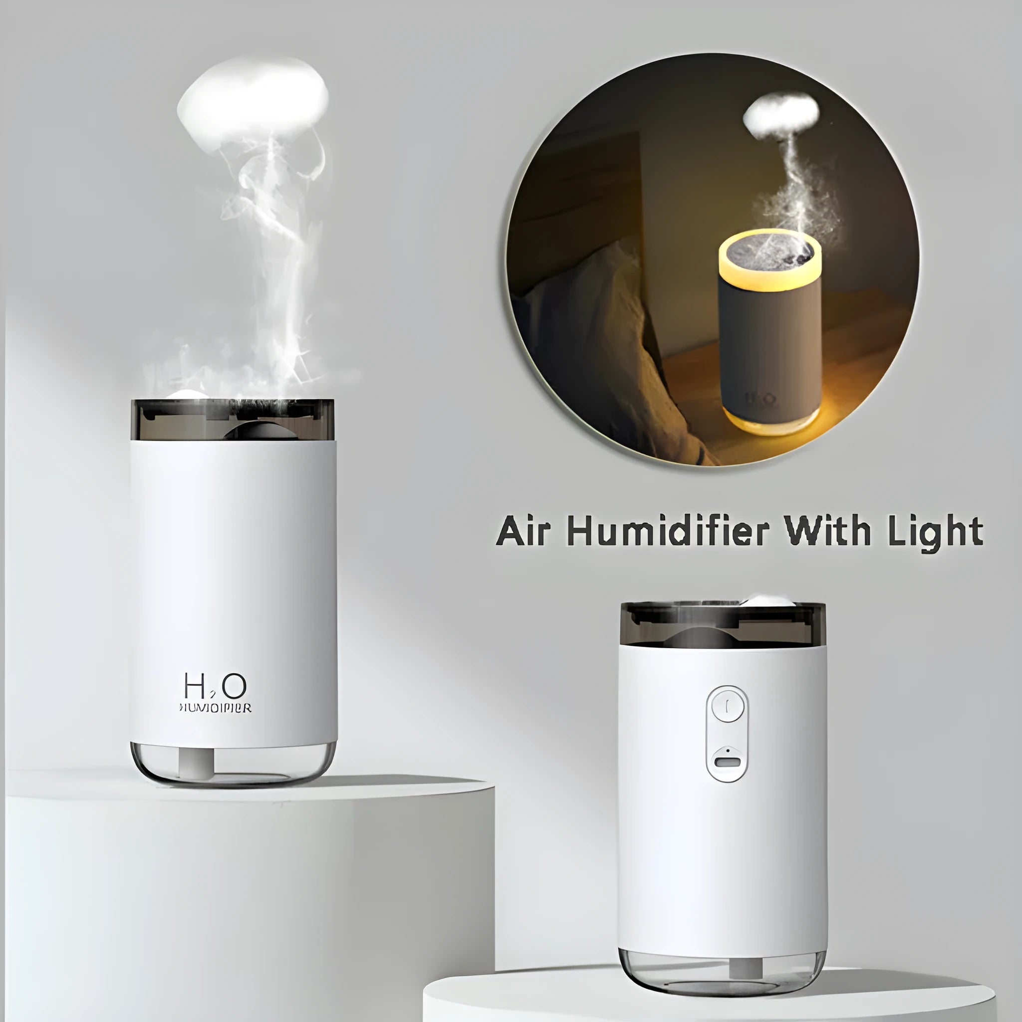 White USB humidifier with jellyfish spray mist effect and warm night light on a table.