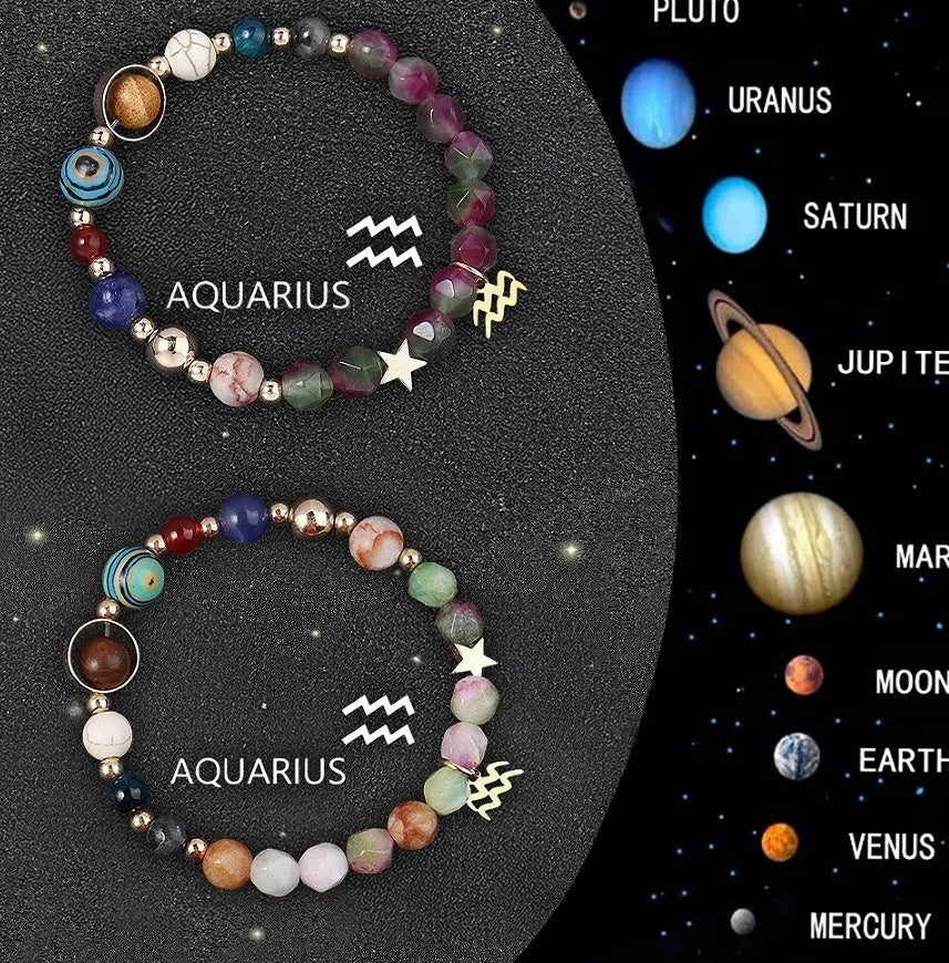 Two natural stone beaded bracelets with zodiac charms on adjustable cords
