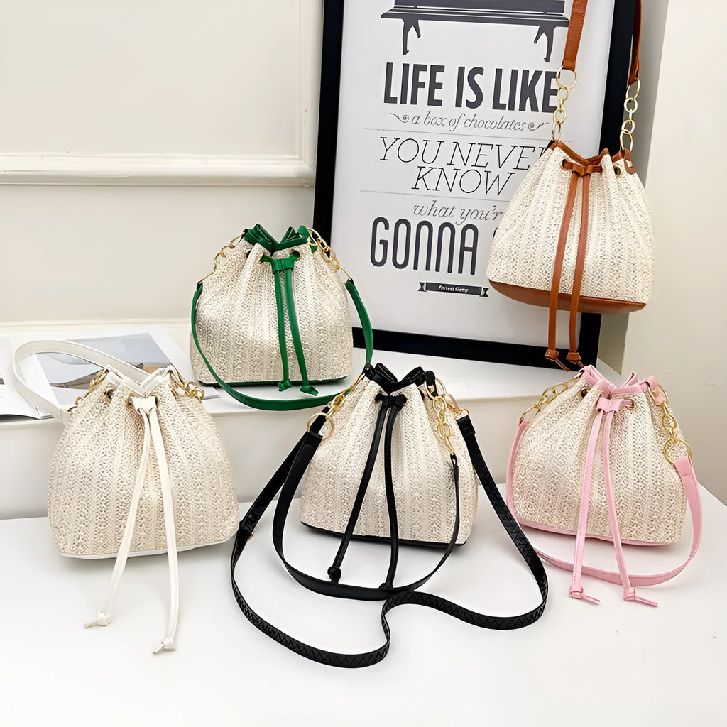 Straw woven women's crossbody shoulder bag with contrast colour trim and phone pocket