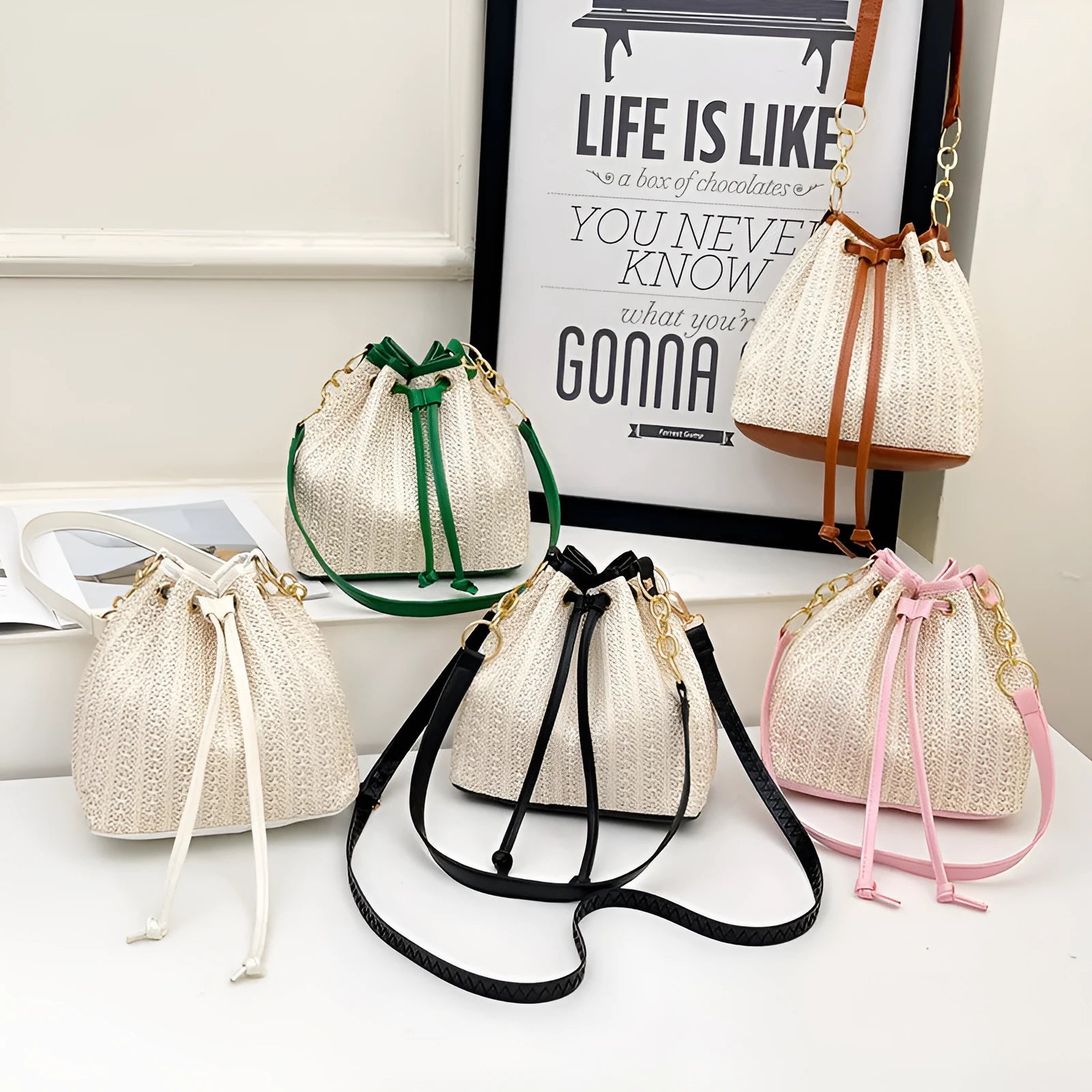 Straw woven women's crossbody shoulder bag with contrast colour trim and phone pocket