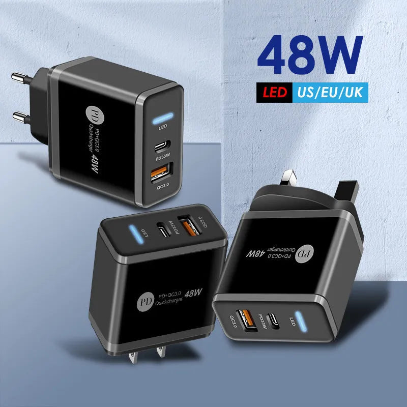 PD48W fast charging travel charger with Type-C USB port and international plug options