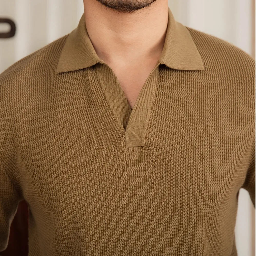 Wool blended slim-fit long-sleeved pullover sweater in Cocoon Brown on a model