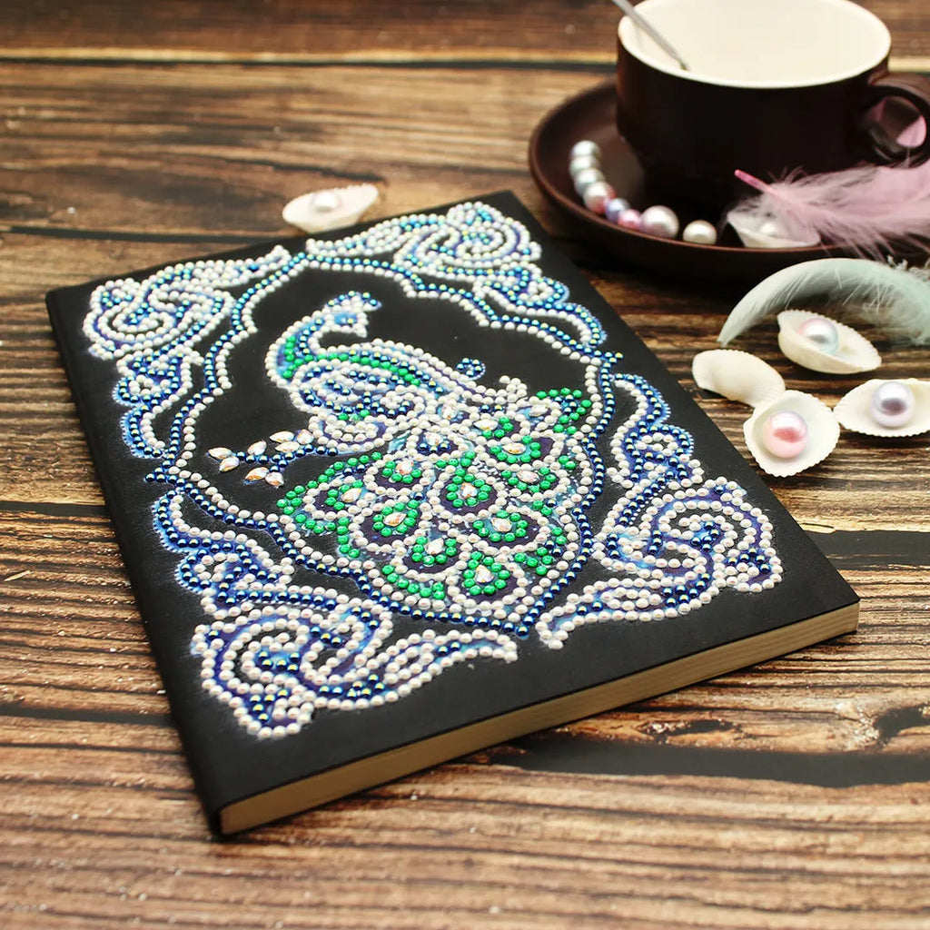 Peacock diamond painting decorative A5 journal notebook with black cover
