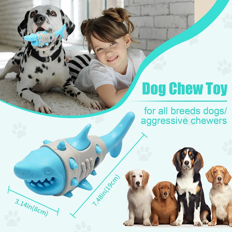 Blue silicone dog teething toy with shark-tooth texture and hollow centre for treats