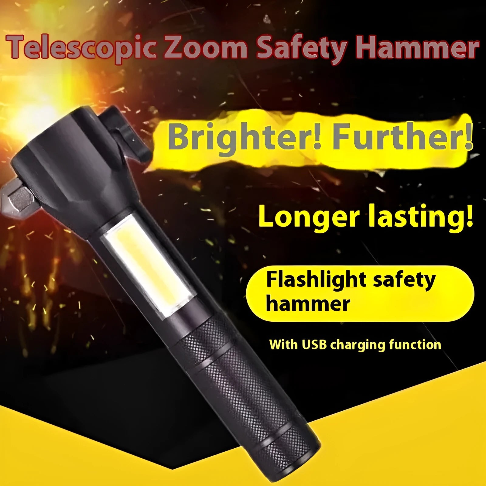 Strong Light outdoor super bright rechargeable torch with car broken window hammer in aluminium alloy body