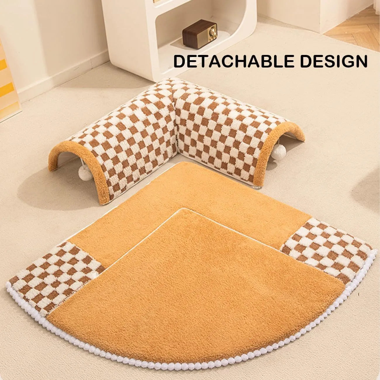 XL fan-shaped plush pet bed with integrated tunnel in plaid fabric, Coffee colour.