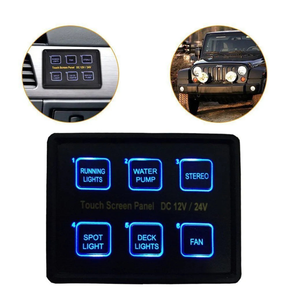 Wrangler 6-way touch switch panel black with blue and white LED indicators for car boat bus modification
