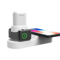 Black and white W3 three-in-one wireless charging station for Apple iPhone, Watch, and AirPods on a desk