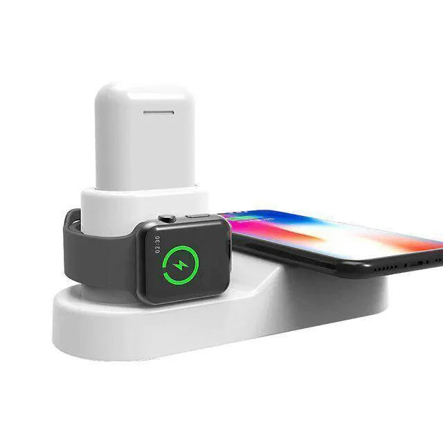 Black and white W3 three-in-one wireless charging station for Apple iPhone, Watch, and AirPods on a desk