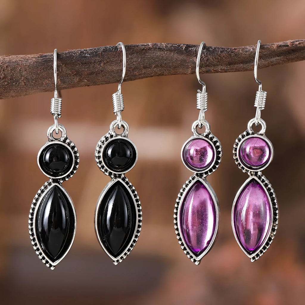 Geometric vintage earrings with black and purple gemstone accents in bohemian style