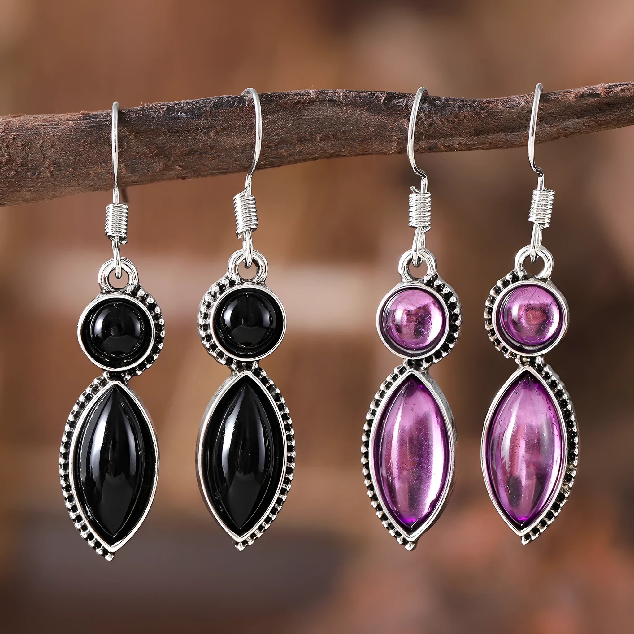 Geometric vintage earrings with black and purple gemstone accents in bohemian style