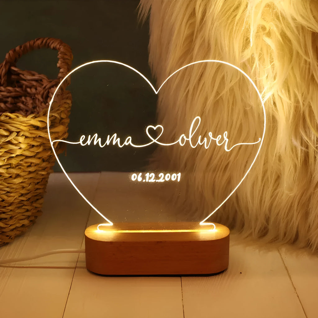 Custom LED night light with engraved names and date on transparent acrylic panel