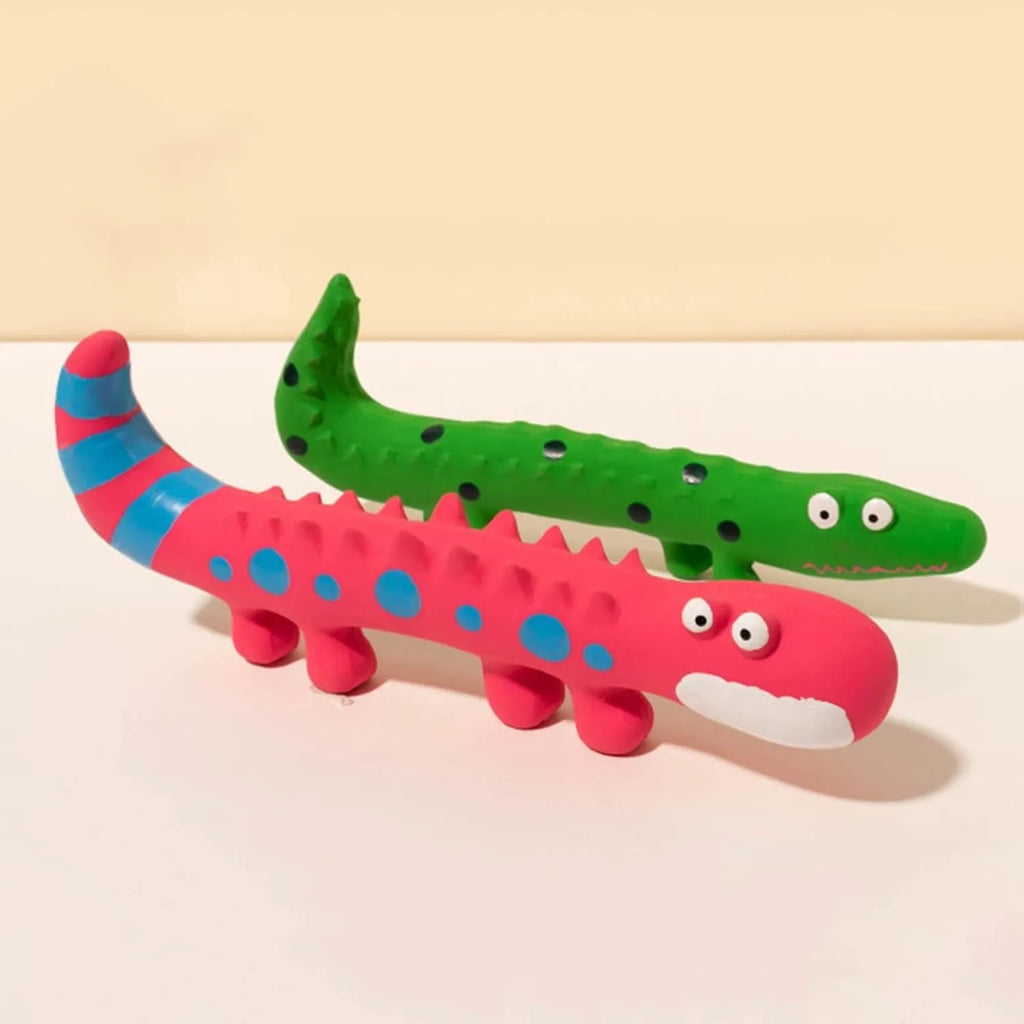 Green lizard-shaped dog chew toy with squeaker for small medium large breed dogs