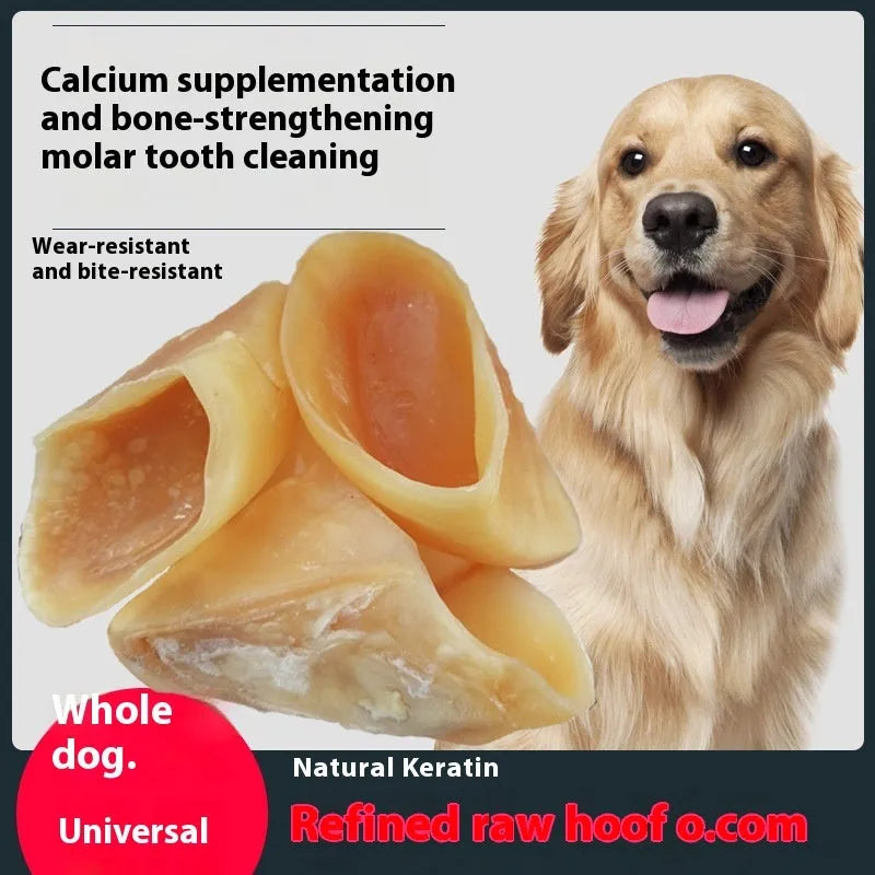 Natural cowhide dog chew toy with edible hoof shell, shown in small and large size options.
