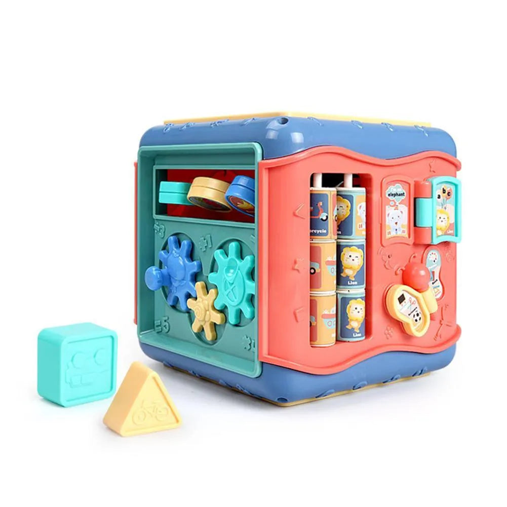 Baby Montessori hexahedron educational toy showing six sides with different learning activities
