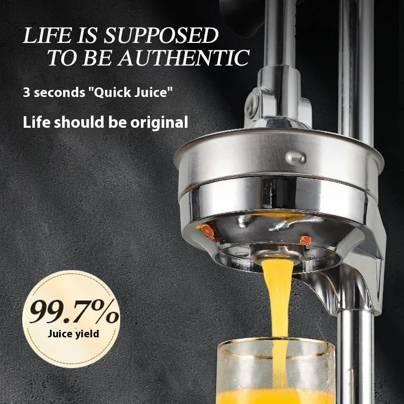 Stainless steel manual vertical citrus juicer on a kitchen counter, shown in a selected colour with a pointed tip head.