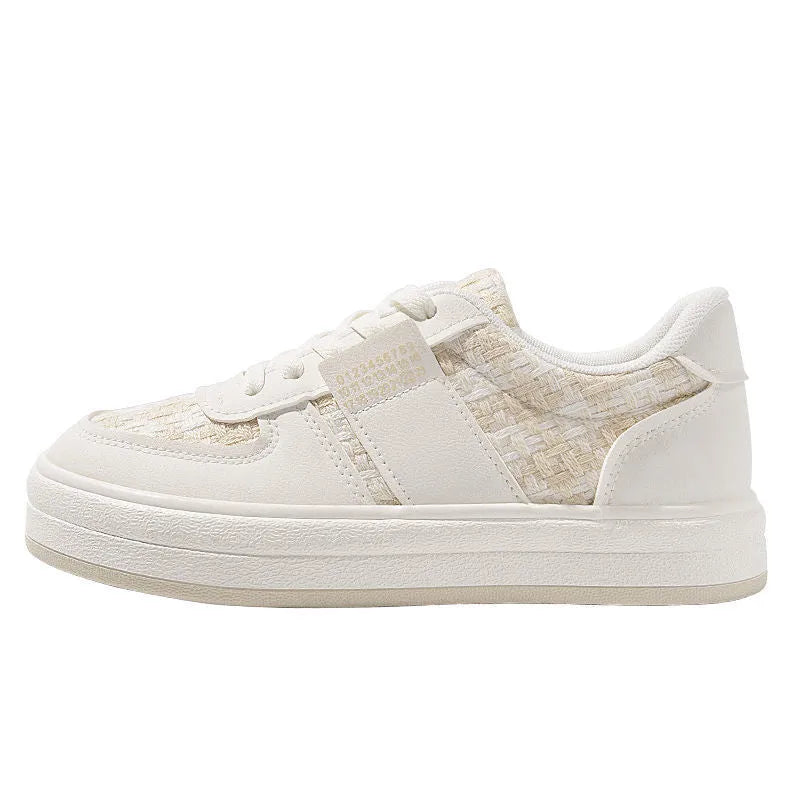 Beige plaid leisure sports shoes with lace-up front and rubber sole