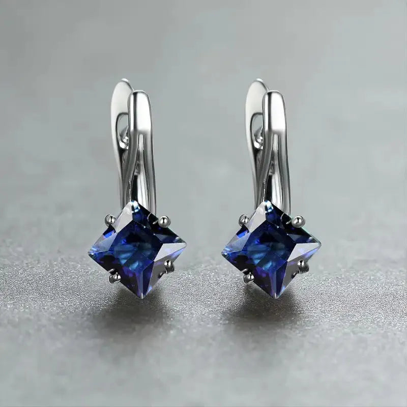 Women's diamond design earrings with zircon inlay on copper base in blue, green and colour options