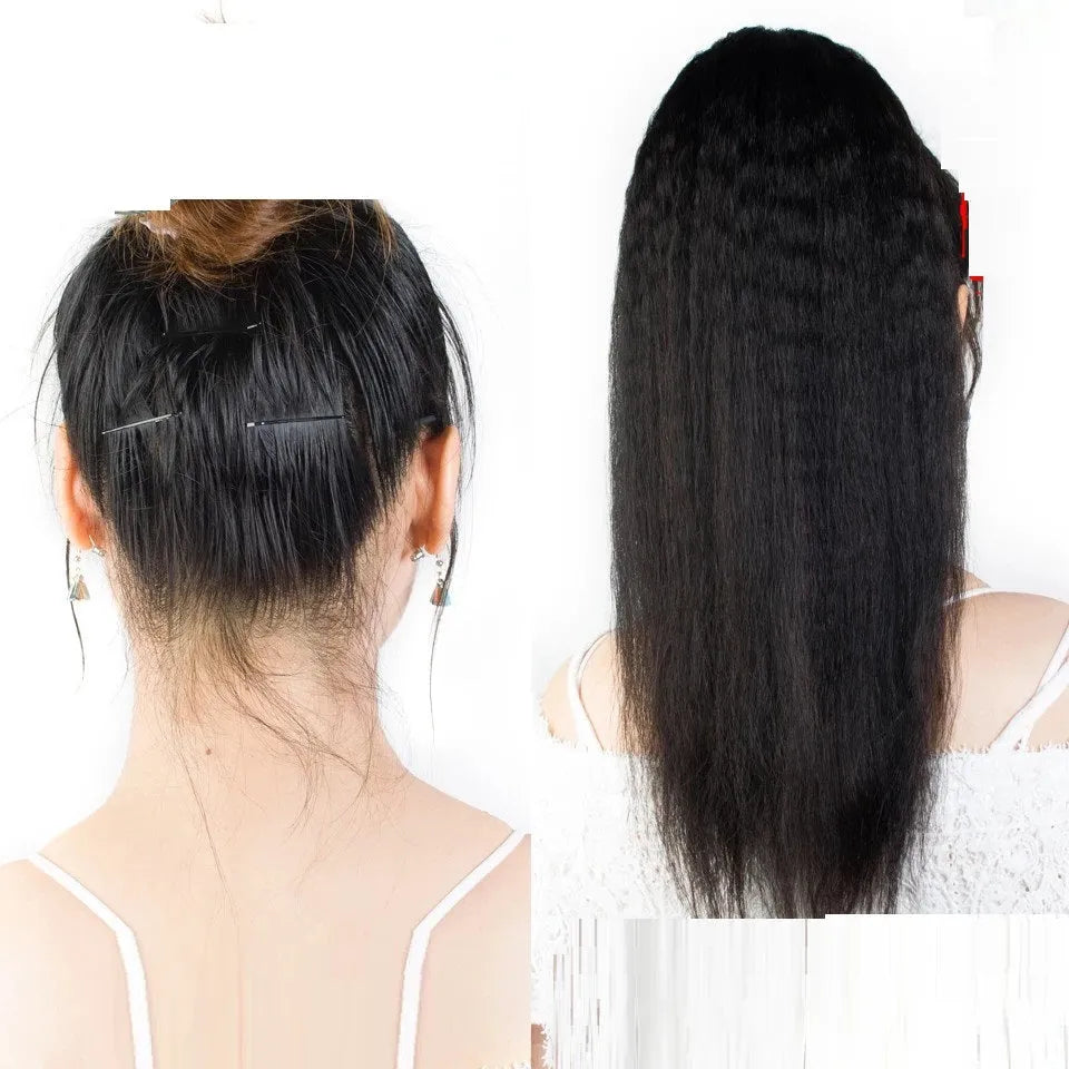 Ladies bandage real hair ponytail cornbeard piece in natural colour with mechanically hand-woven construction, 10 to 30 inch lengths