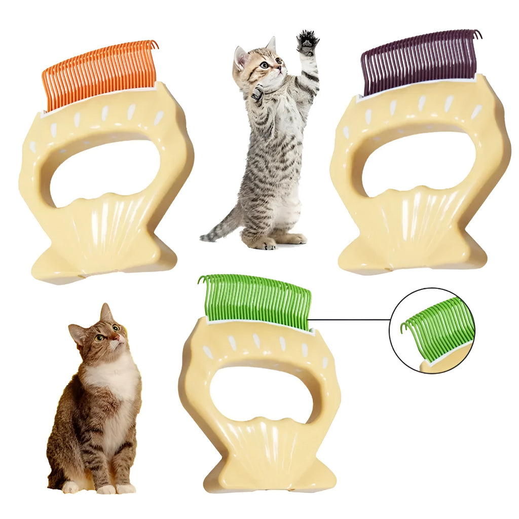 Green shell-shaped pet grooming brush with bent wire bristles and a plastic anti-slip handle.