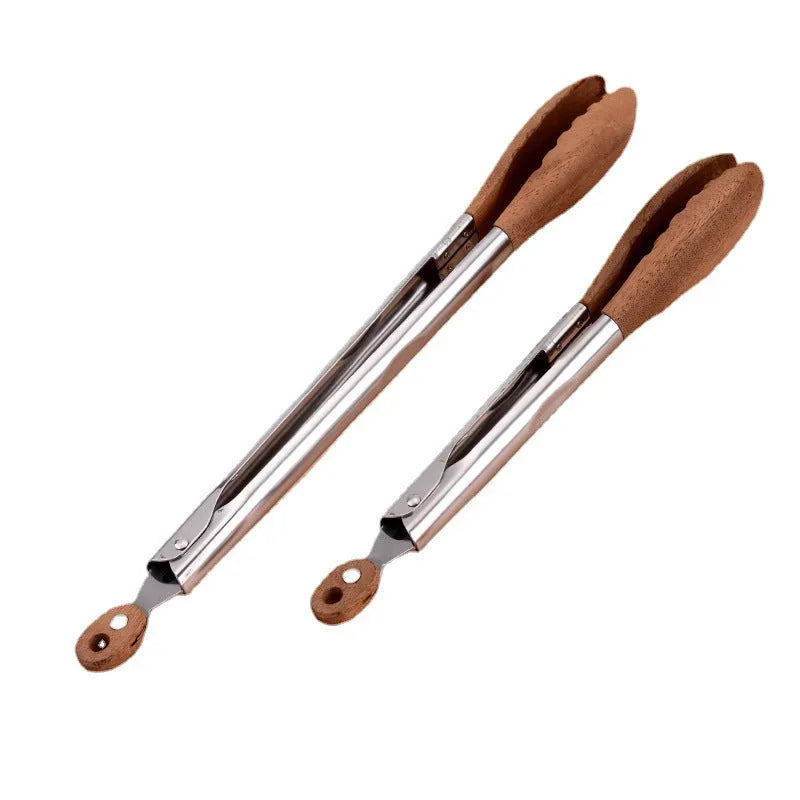 Stainless steel food tong with wood handle in walnut or acacia, 9 or 12 inch size option
