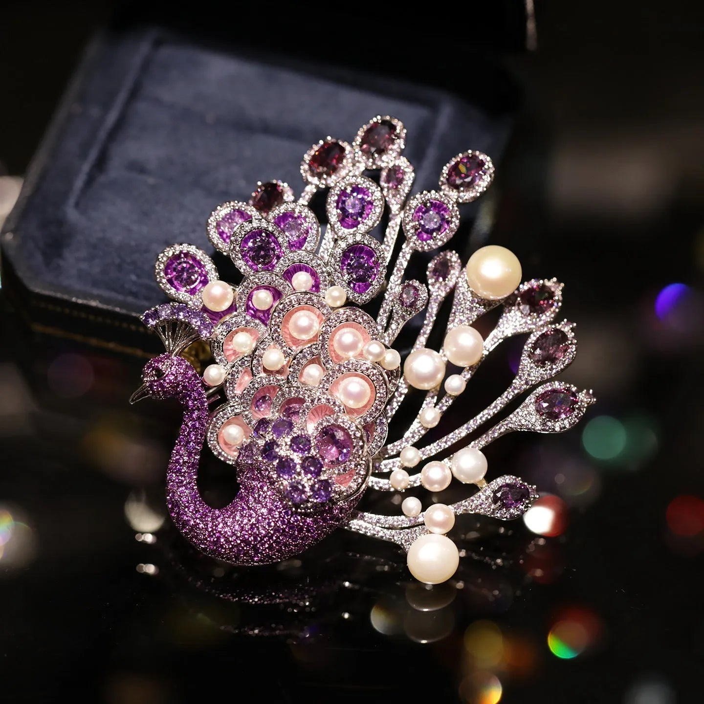 Alloy freshwater pearl peacock brooch on a pink surface, Style1 finish