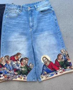 Blue men's tapered cotton shorts with a Jesus print on the back pocket