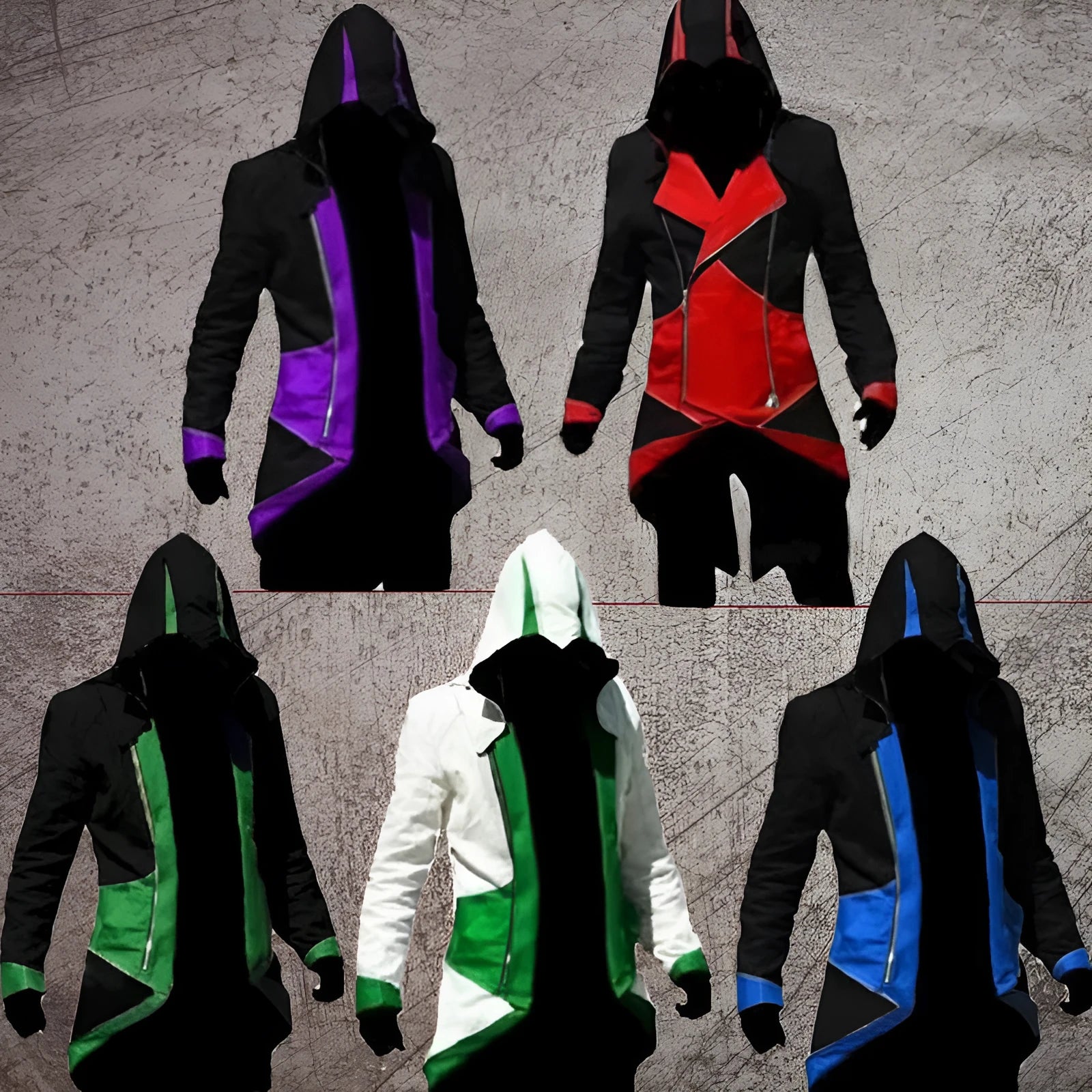 Polyester hoodie coat jacket with long thin design, available in colour splatter patterns, sizes XS to 5XL