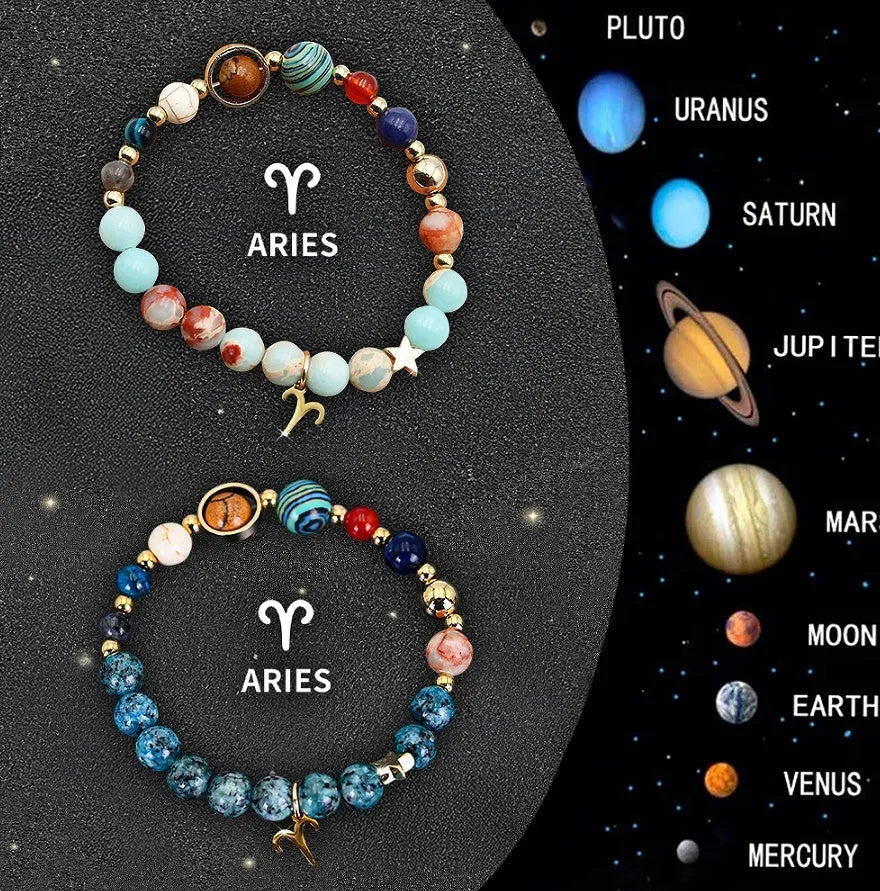 Two natural stone beaded bracelets representing zodiac signs on a wrist.